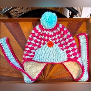 Pistil Knit Hat Earflap Trapper Baby Blue/Hot Pink Fuzzy Lined Long Flaps